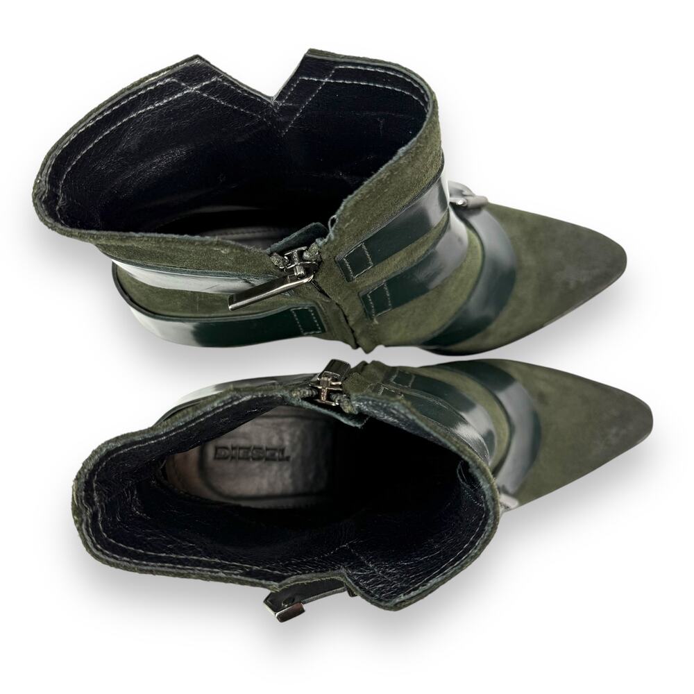 DIESEL green suede strapped buckle heeled pointed toe boots - Picture 10 of 16